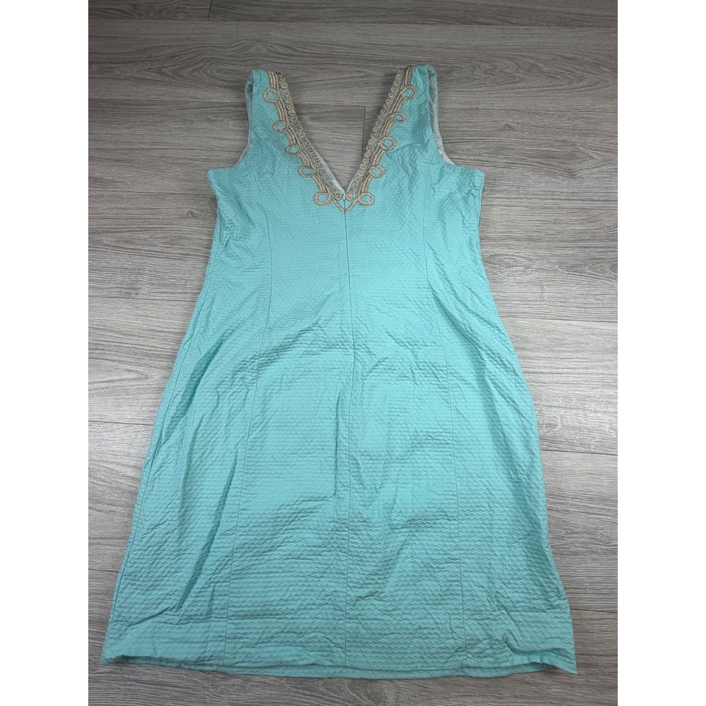 Lilly Pulitzer Aqua Blue Seersucker Gold Soutache V-Neck Shift Dress Womens 14 - Picture 6 of 8